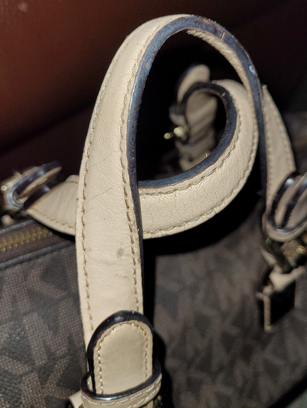 Michael Kors Brown Monogram Satchel with Cream Handles - Picture 3 of 4